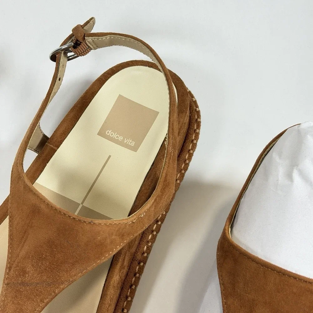 Dolce Vita Brown Suede Toe-Ring Sandals with Green Accents